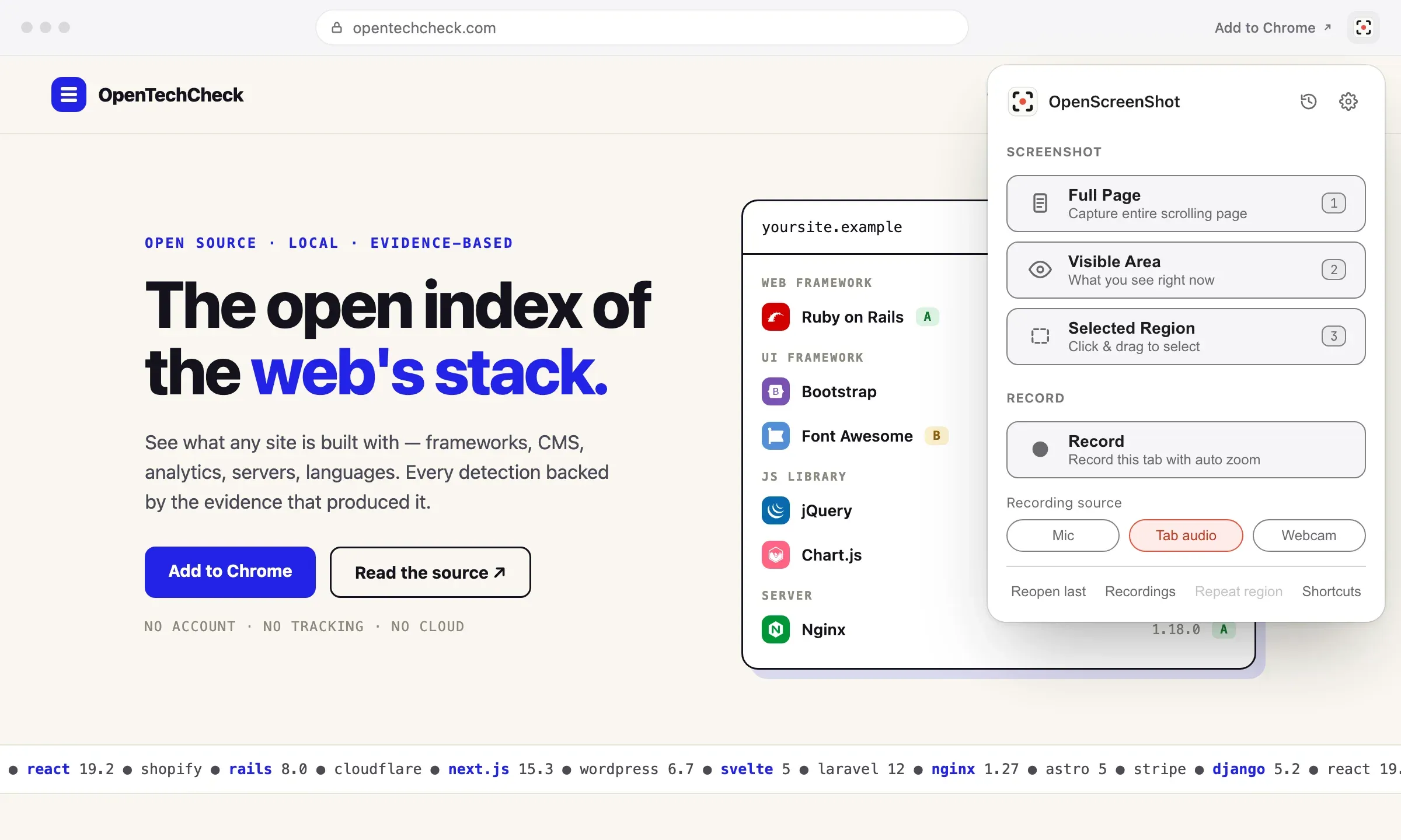 The OpenScreenShot popup open over a web page in Chrome, with Full Page, Visible Area, Selected Region and Record options.
