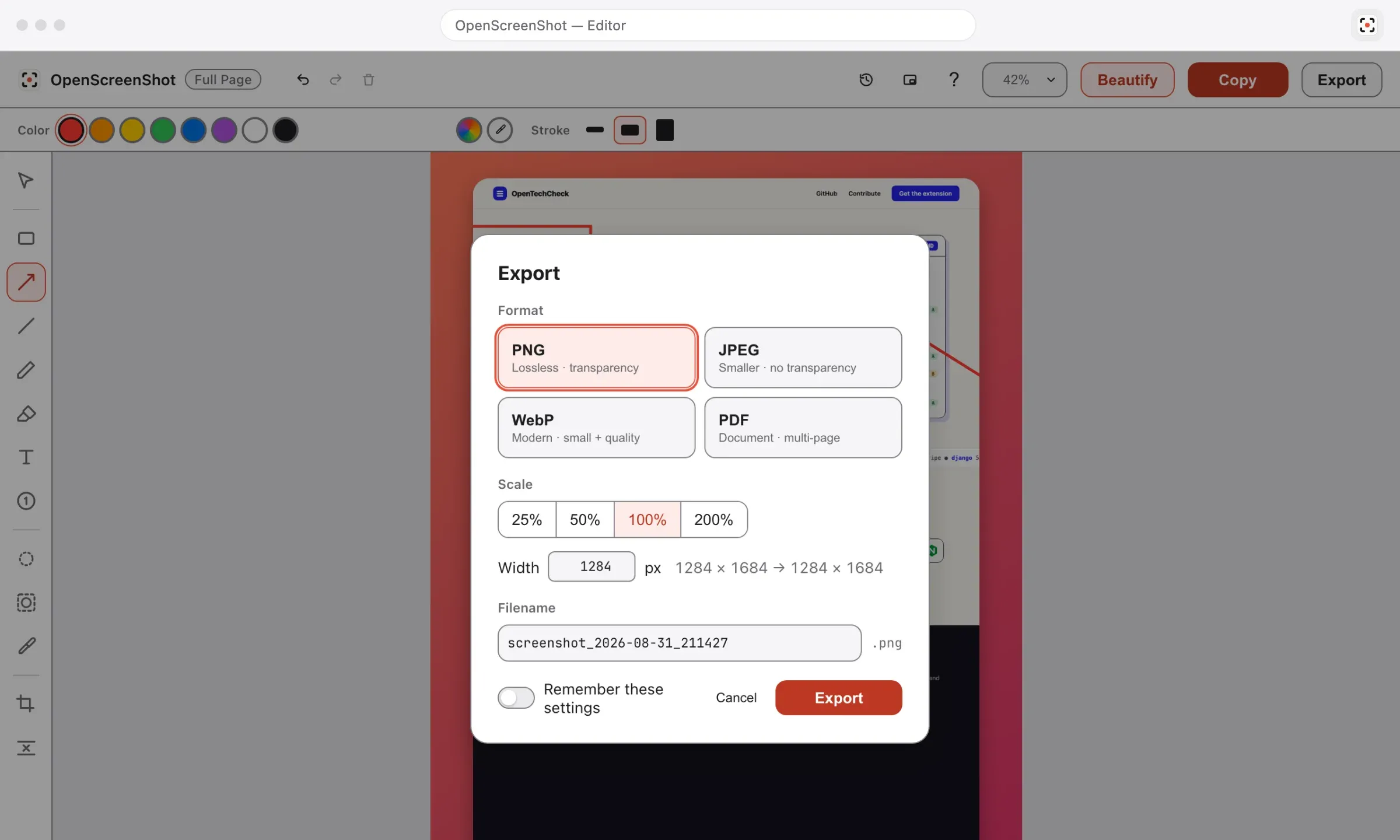 The export dialog in the OpenScreenShot editor, with PNG selected, JPEG, WebP and PDF beside it, a scale row, a width field and a filename field.
